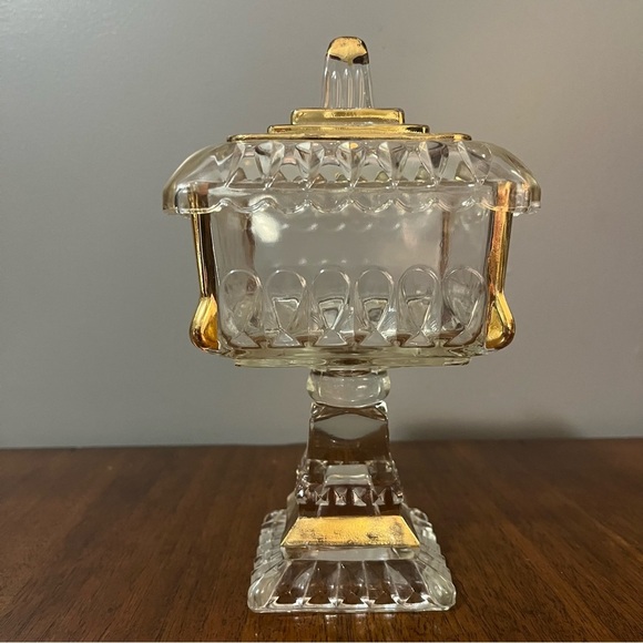 Mid-Century Modern gold-trimmed glass candy dish with a lid. - Picture 3 of 14